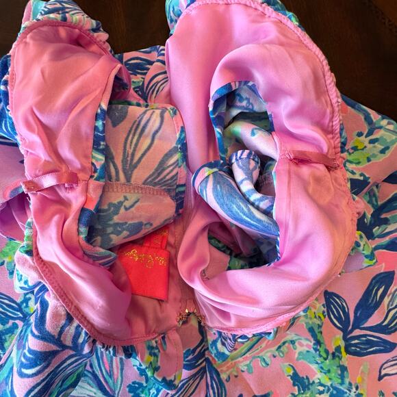 Lilly Pulitzer Linwood Ruffle Romper Pink Floral under short with over skirt 2 - Picture 8 of 9